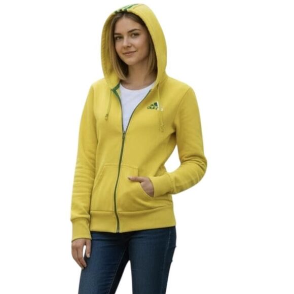 Adidas Hoodie Womens Medium Yellow Full Zip 3-Stripes Thumbholes Sweatshirt - Picture 1 of 13